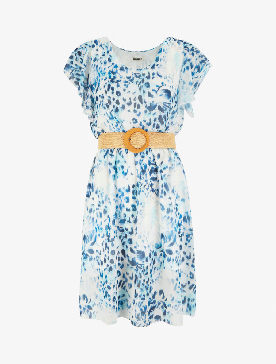 Robe à mancherons volantés imprimé léopard et fleurs - Marine - 1