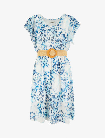 Robe à mancherons volantés imprimé léopard et fleurs - Marine - 1