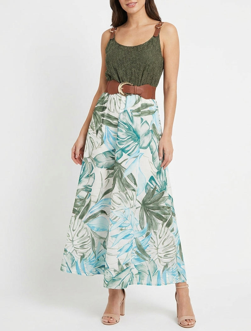Robe longue évasée à ceinture - Kaki