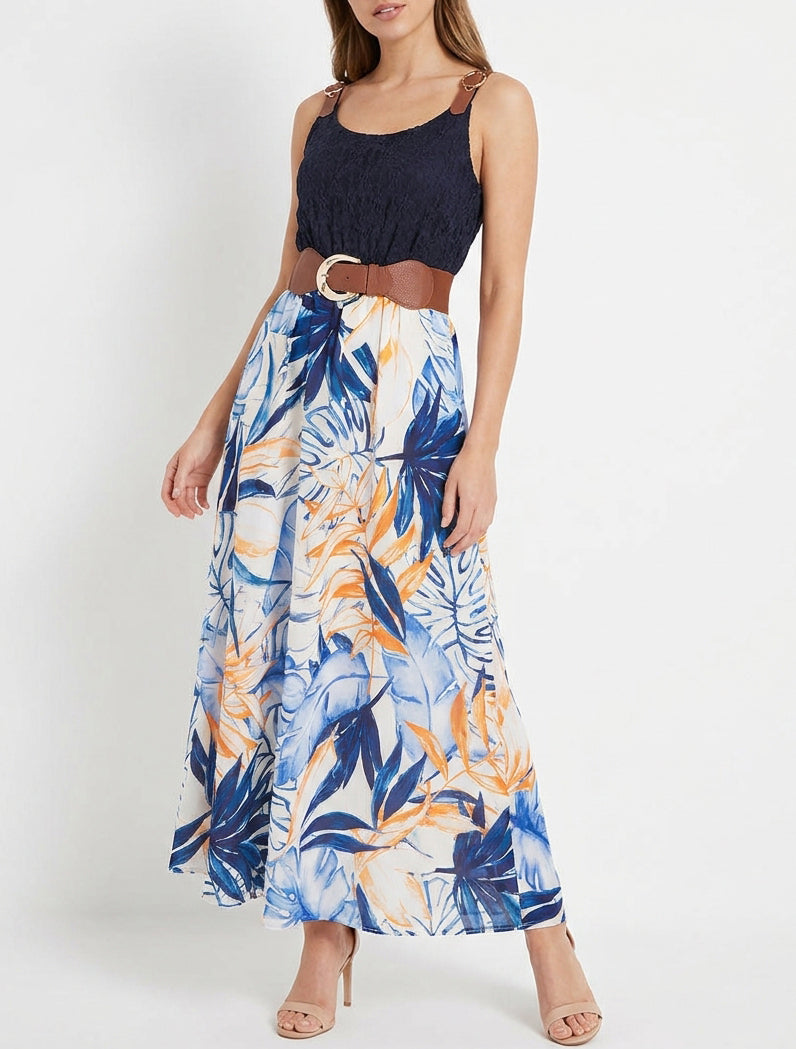 Robe longue à buste dentelle et taille élastiquée - Marine