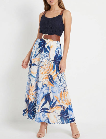 Robe longue à buste dentelle et taille élastiquée - Marine