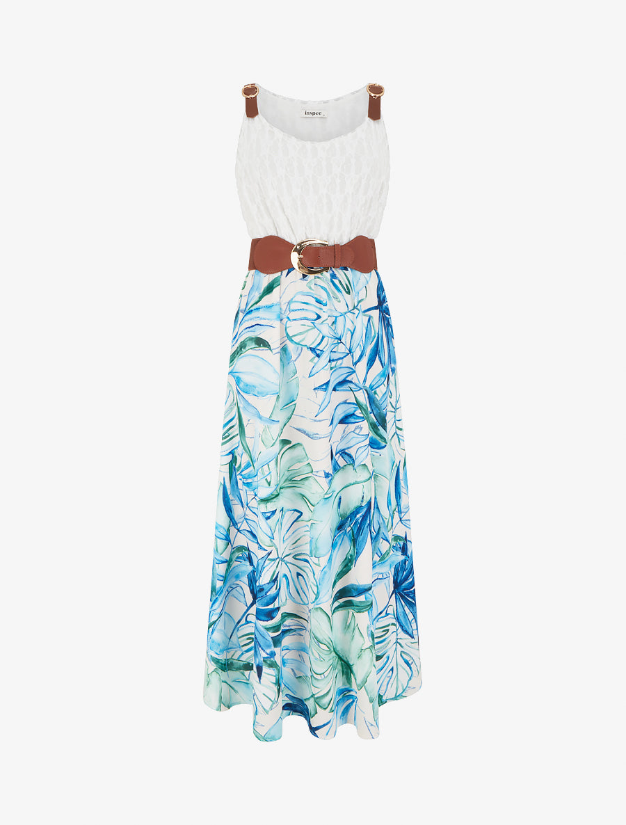 Robe longue à imprimé tropical et bretelles simili - Bleu - 1