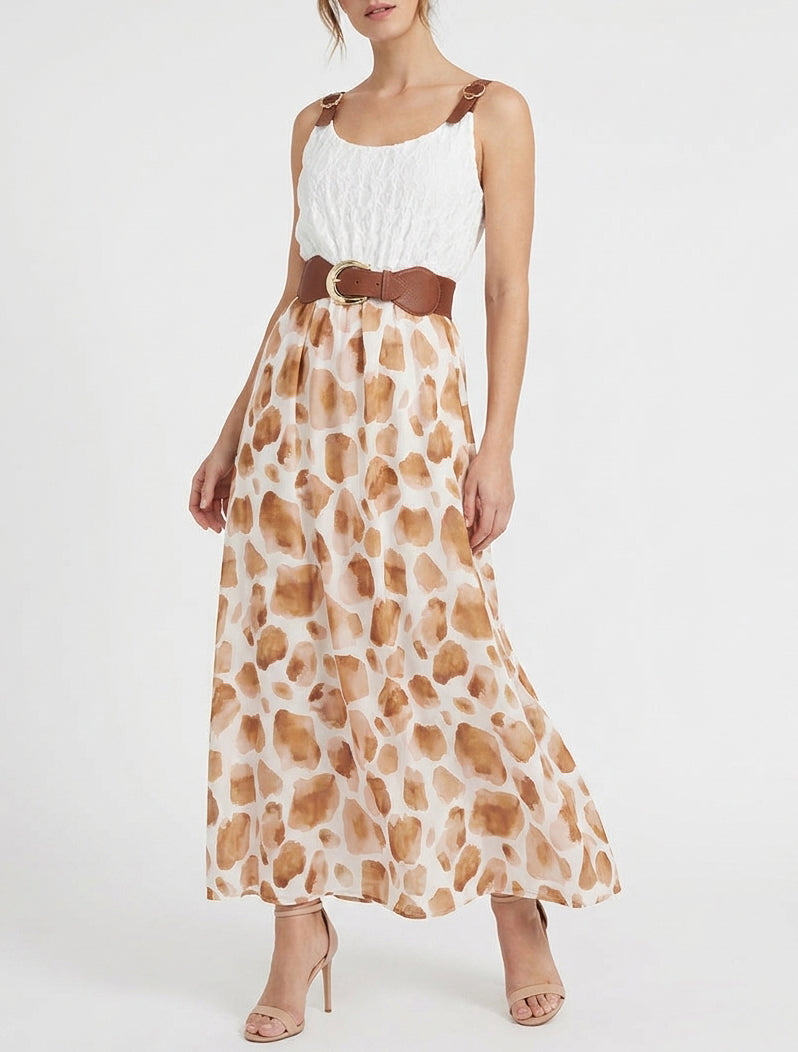 Robe longue buste dentelle imprimé girafe - Marron