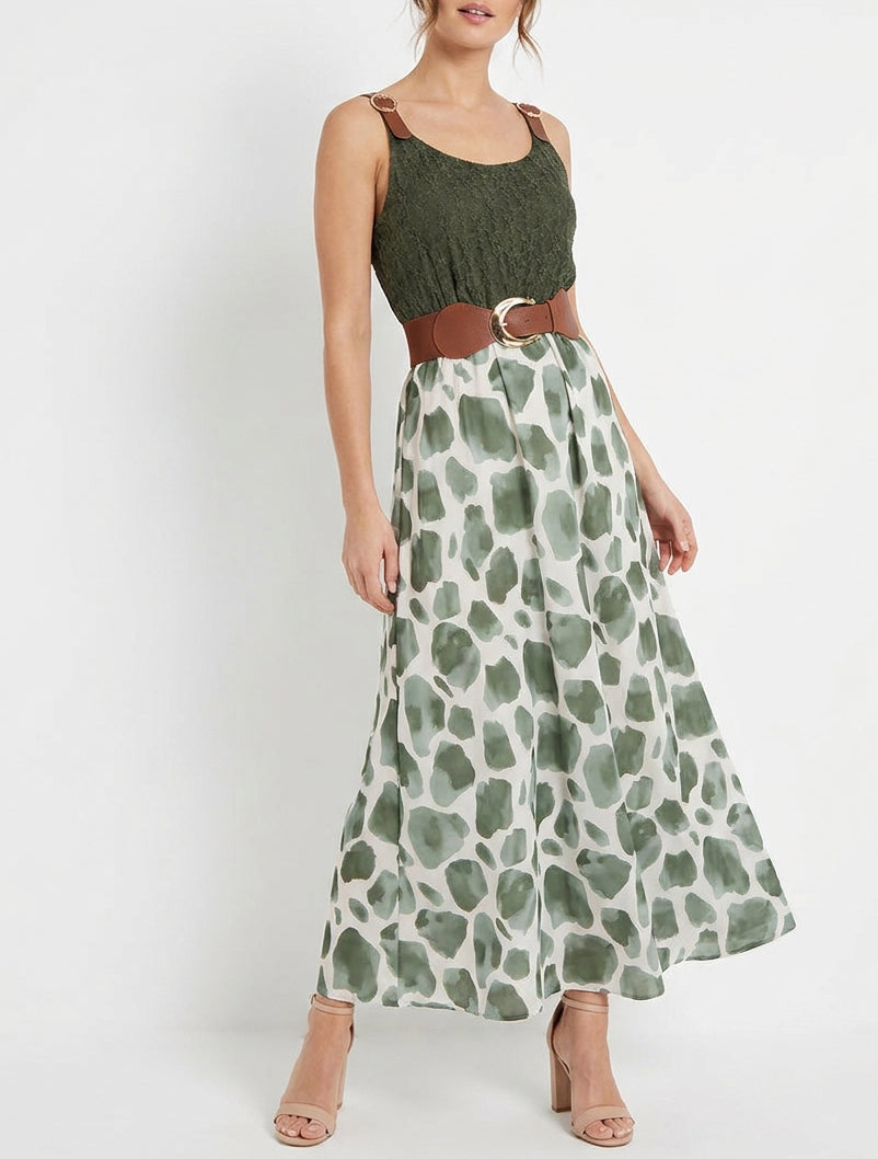 Robe longue évasée à dentelle - Kaki