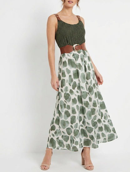 Robe longue évasée à dentelle - Kaki