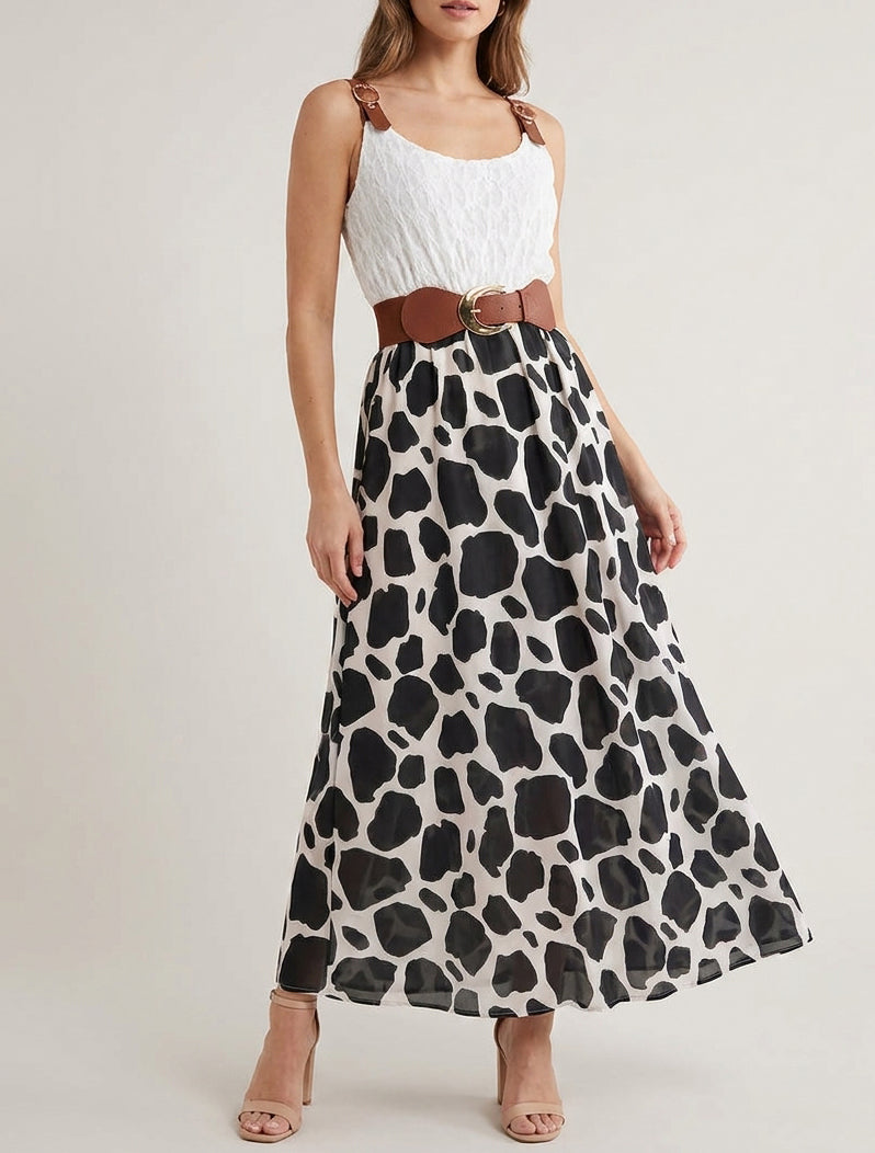 Robe longue bustier dentelle imprimé girafe - Noir