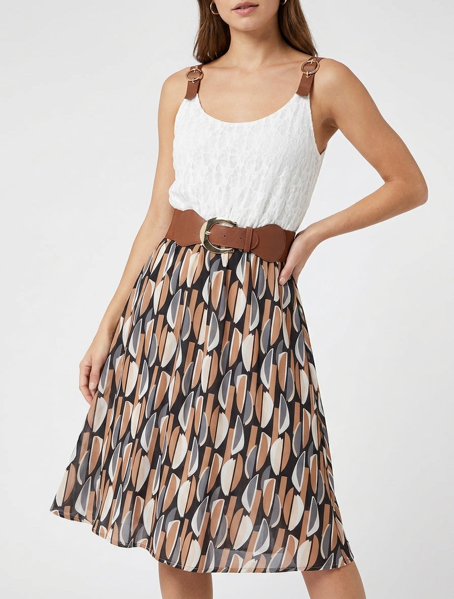 Robe mi-longue dentelle et ceinture - Noir