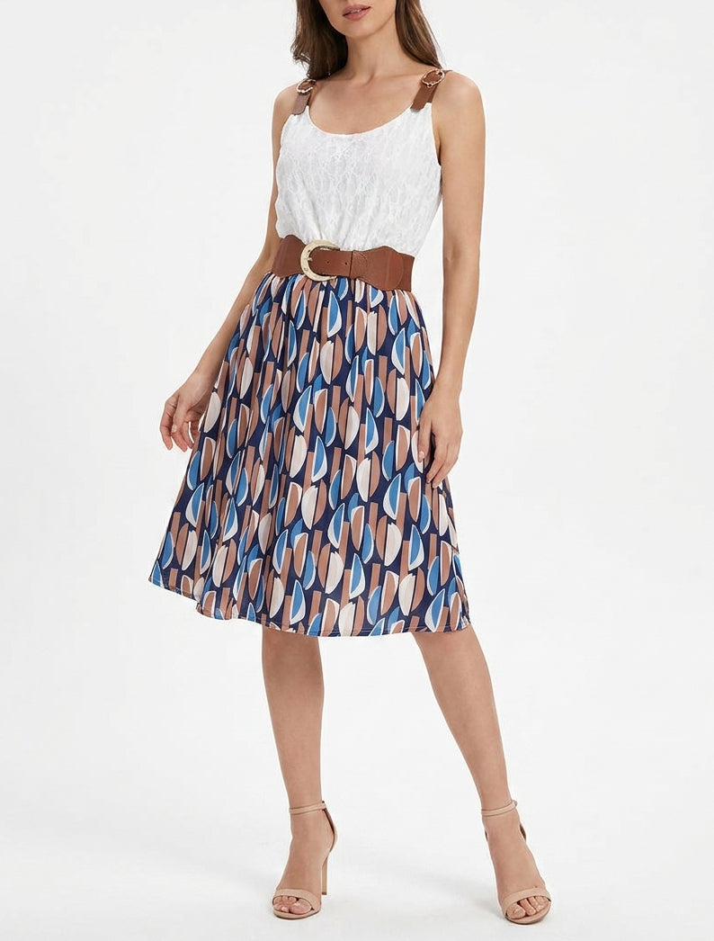 Robe mi-longue dentelle et taille élastiquée - Marine