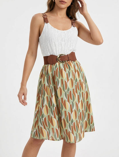 Robe mi-longue buste dentelle et taille élastiquée - Kaki