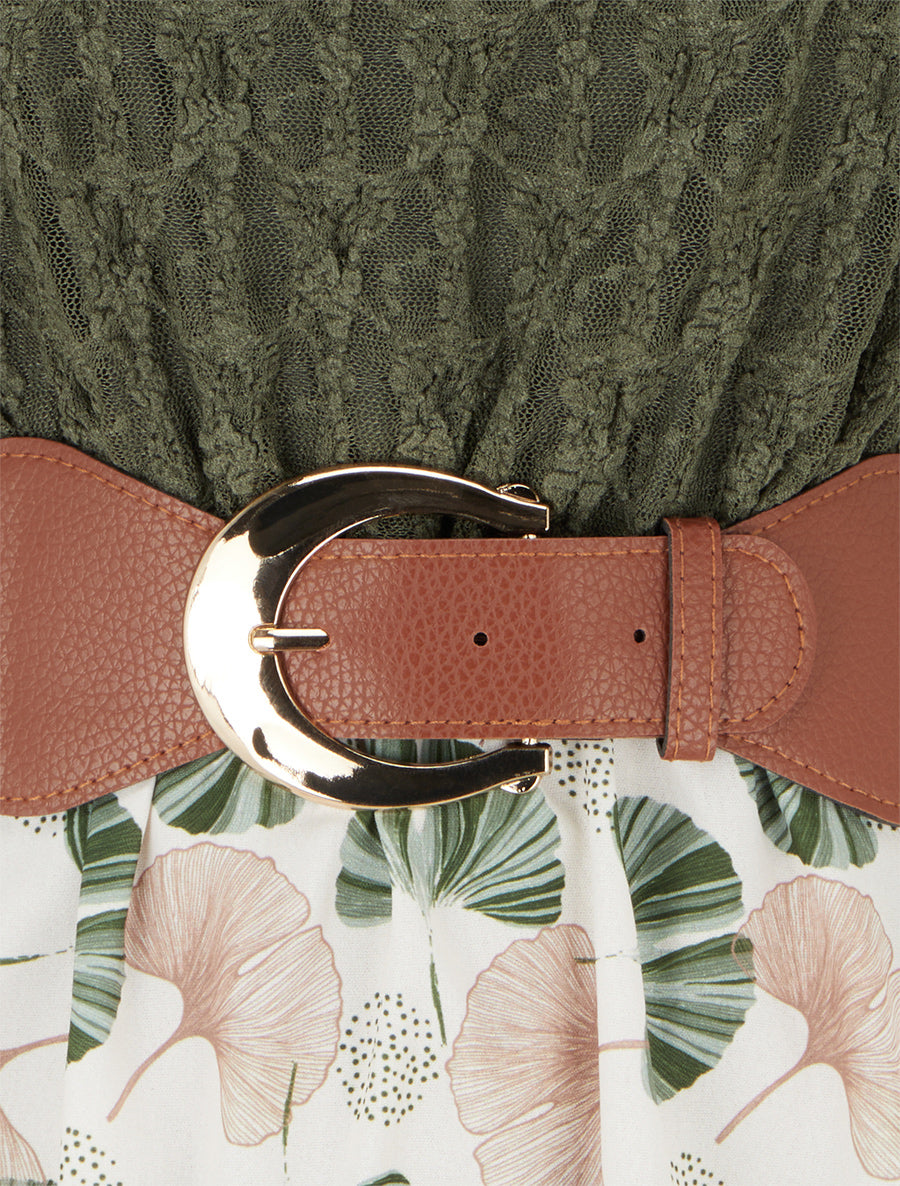 Robe mi-longue imprimé ginkgo et bretelles simili - Kaki - 3