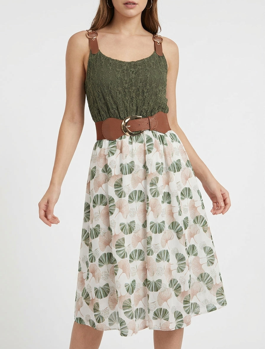 Robe mi-longue à buste dentelle - Kaki