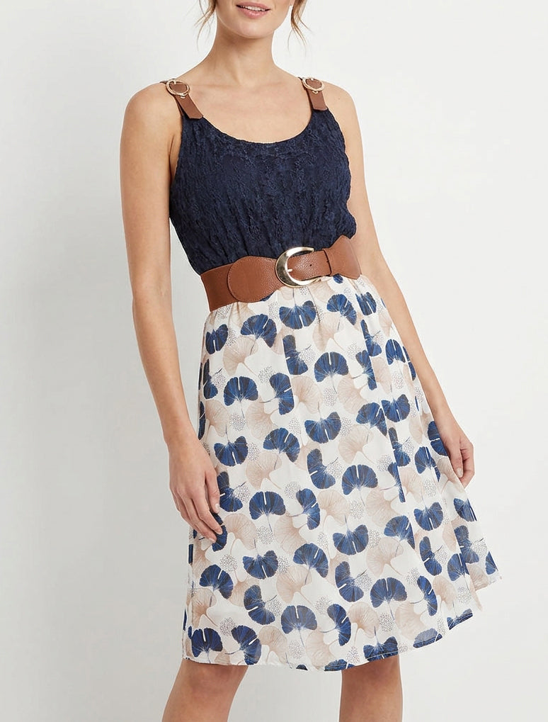 Robe mi-longue dentelle et bretelles ajustables - Marine