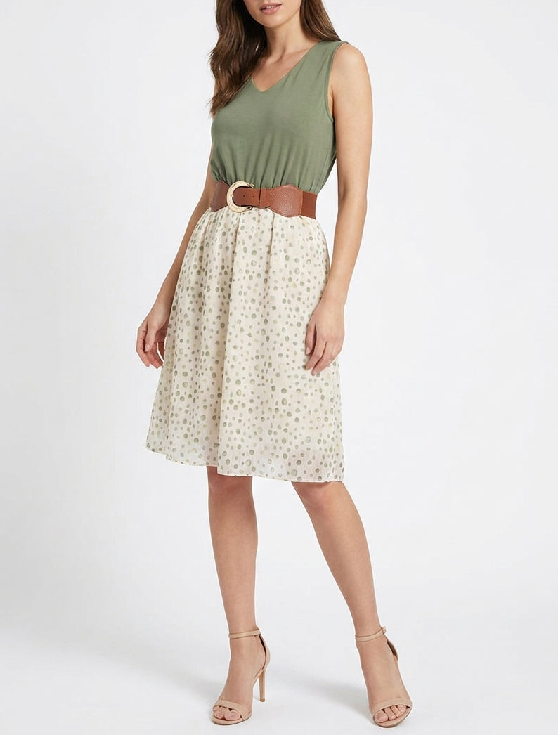 Robe fluide col V pois fantaisies - Kaki