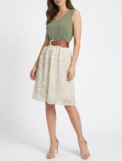 Robe fluide col V pois fantaisies - Kaki
