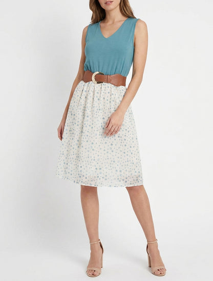 Robe évasée col V pois fantaisies - Bleu clair