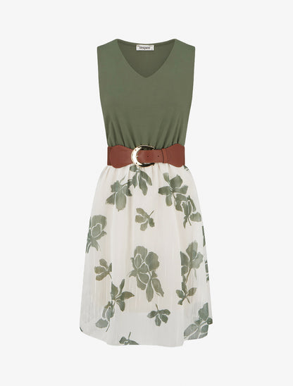 Robe coupe évasée imprimé floral - Kaki - 1