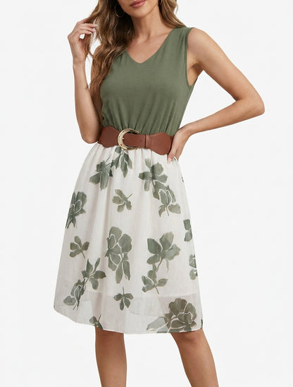 Robe fluide col V imprimé floral - Kaki