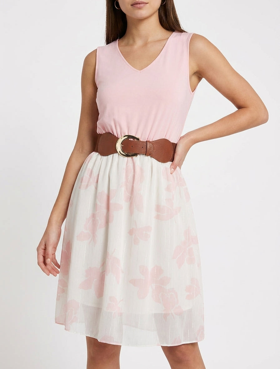 Robe fluide col V imprimé floral - Rose