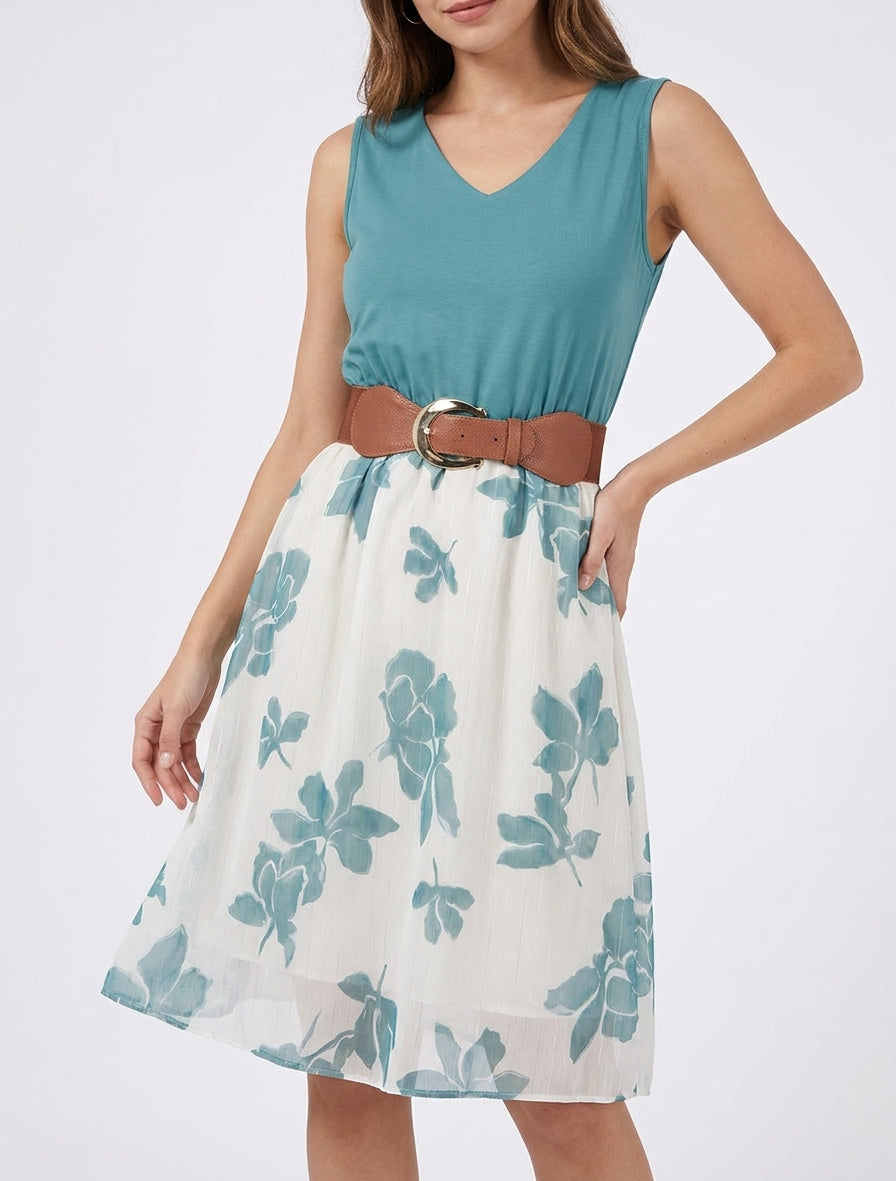 Robe fluide col V à ceinture - Bleu clair