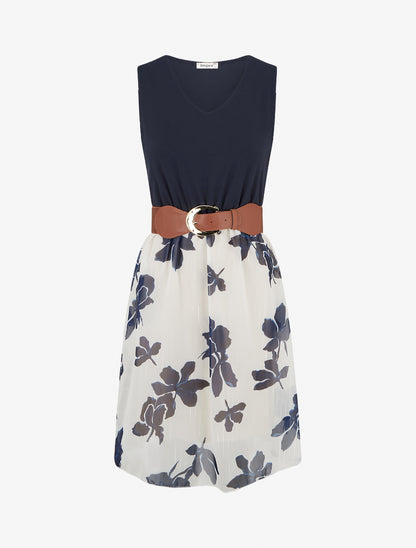 Robe coupe évasée imprimé floral - Marine - 1