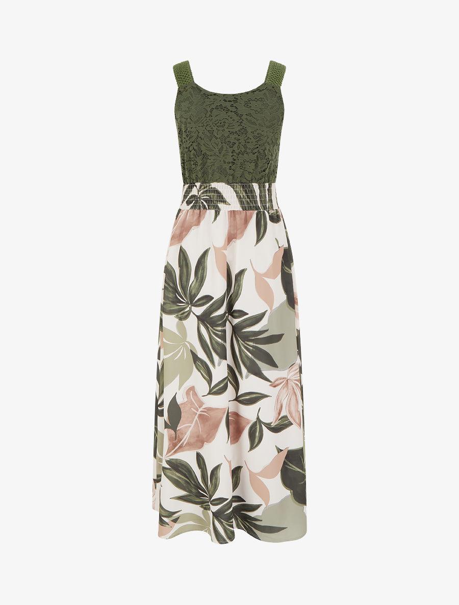 Robe imprimé fantaisie à bretelles en crochet - Kaki - 2