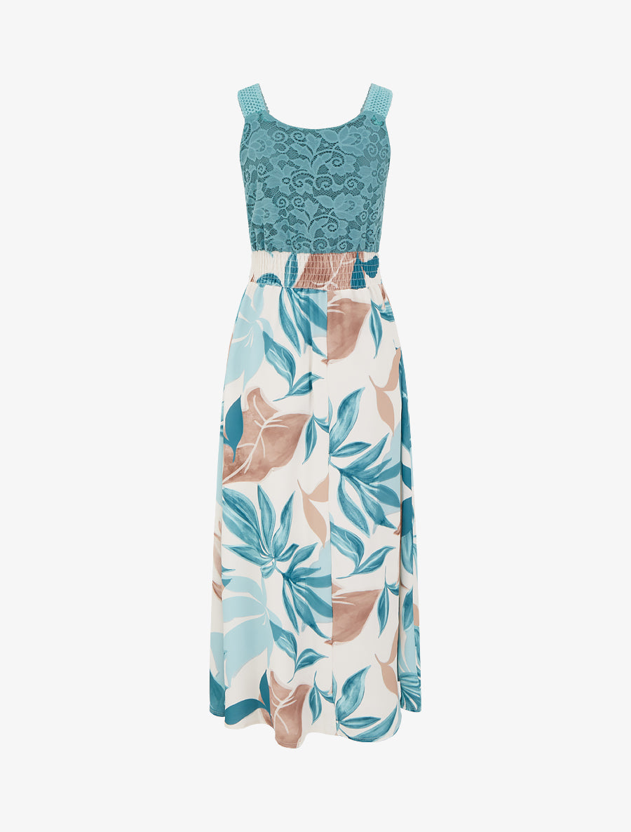 Robe imprimé fantaisie à bretelles en crochet - Turquoise - 2