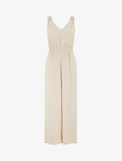 Combinaison unie à bretelles à motif coeurs - Beige - 1