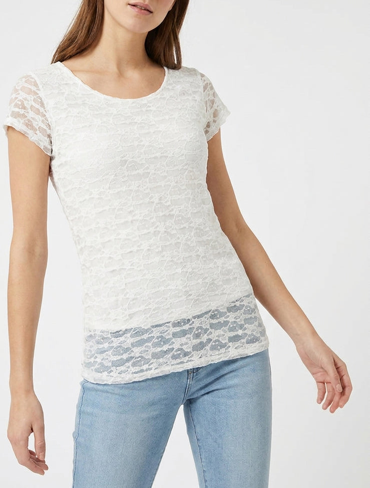 Top en dentelle à manches volantées - Blanc