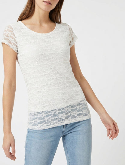 Top en dentelle à manches volantées - Blanc