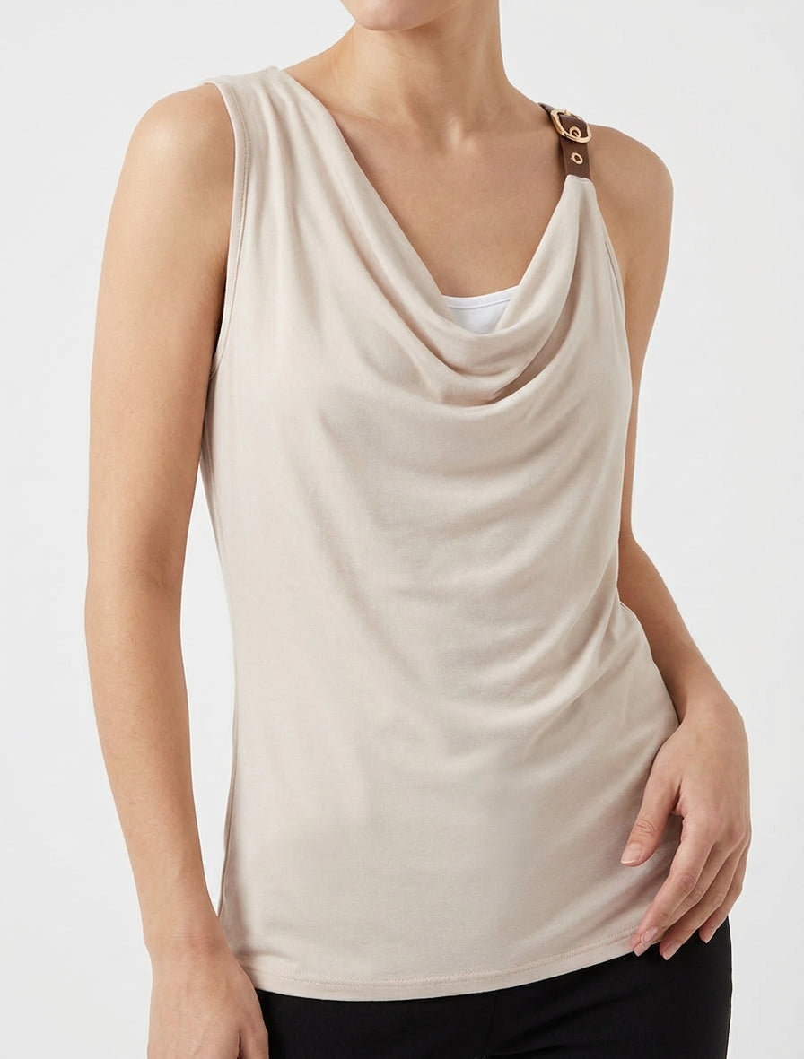Top fluide col rond doublé - Beige