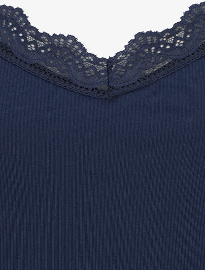 Débardeur côtelé à bretelles en dentelle - Marine - 3