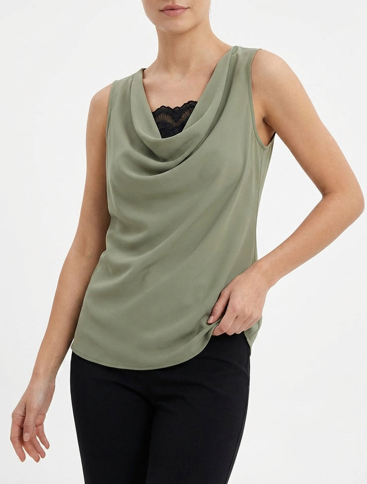 Top satiné col bénitier dentelle - Kaki