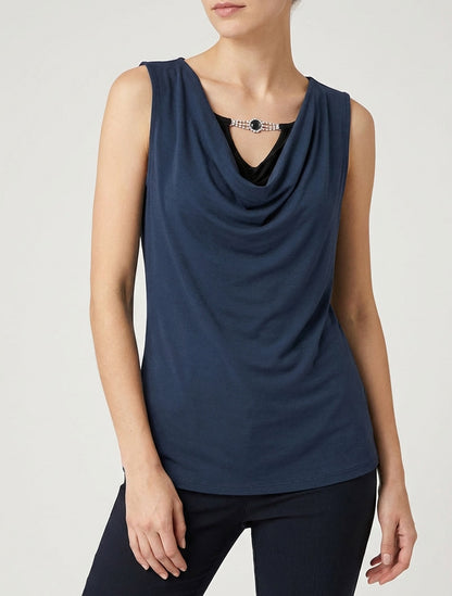 Top sans manches col bénitier à strass - Marine