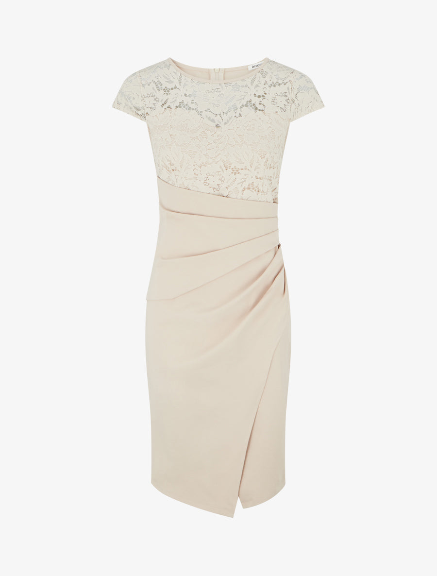 Robe ajustée à dentelle et drapé - Beige - 1