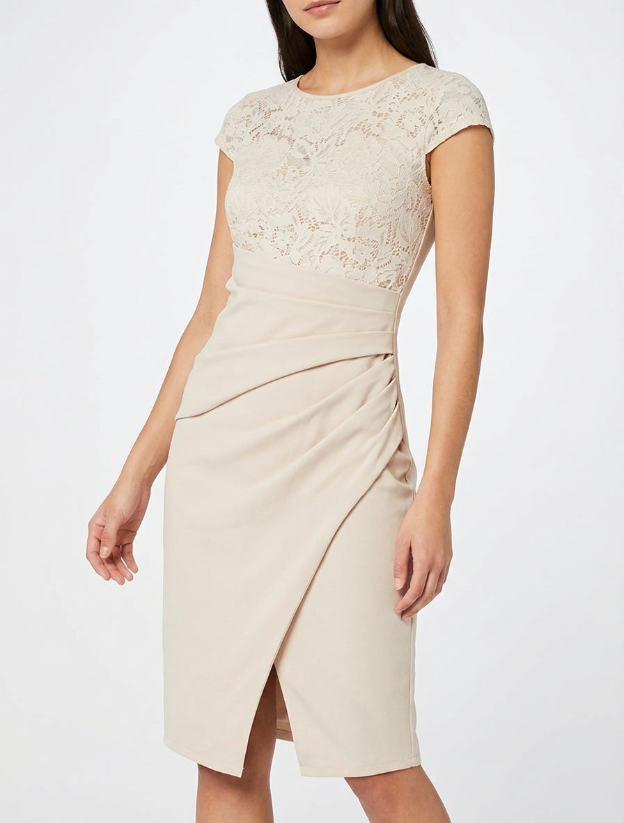 Robe ajustée col rond à dentelle - Beige