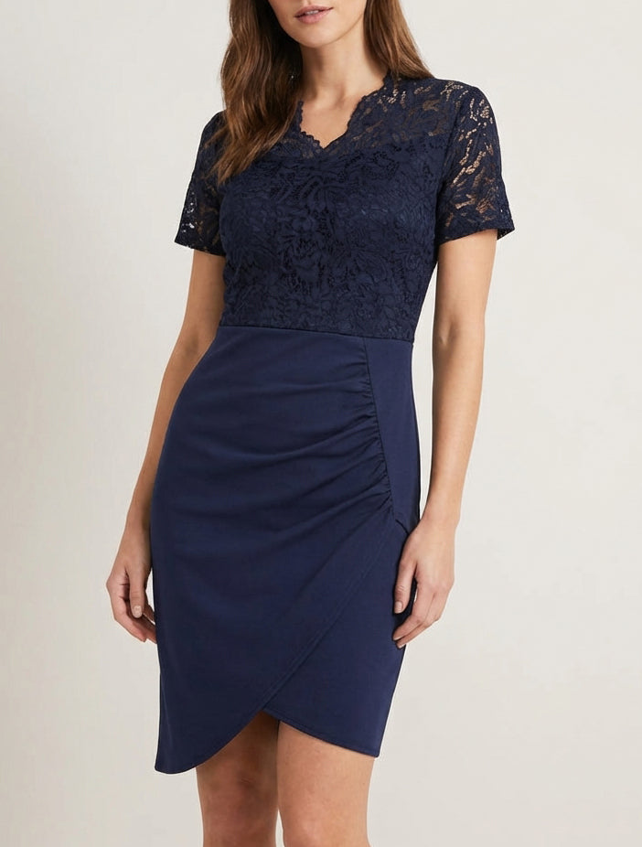 Robe ajustée col V en dentelle - Marine