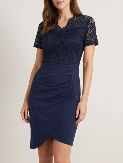 Robe ajustée col V en dentelle - Marine