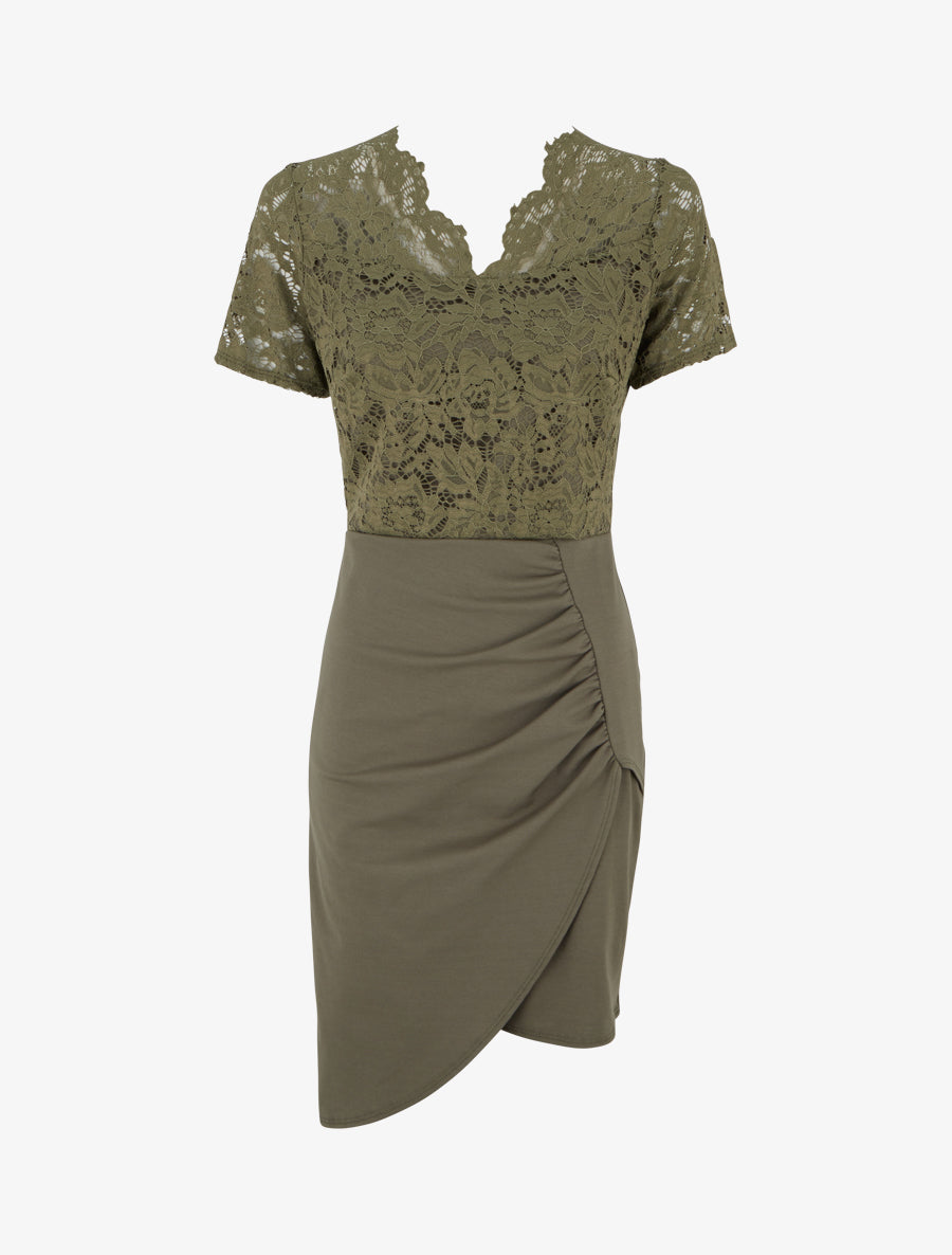 Robe ajustée col V en dentelle - Kaki