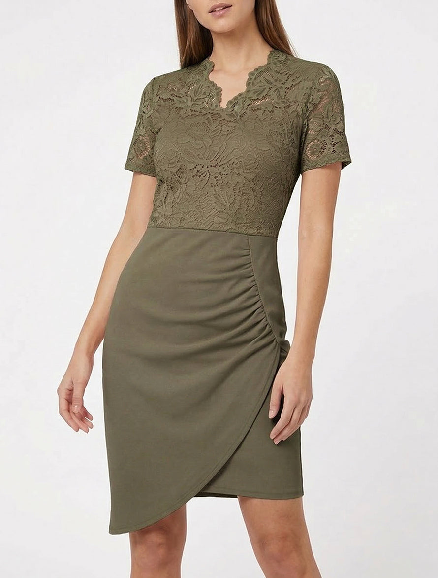 Robe ajustée col V en dentelle - Kaki