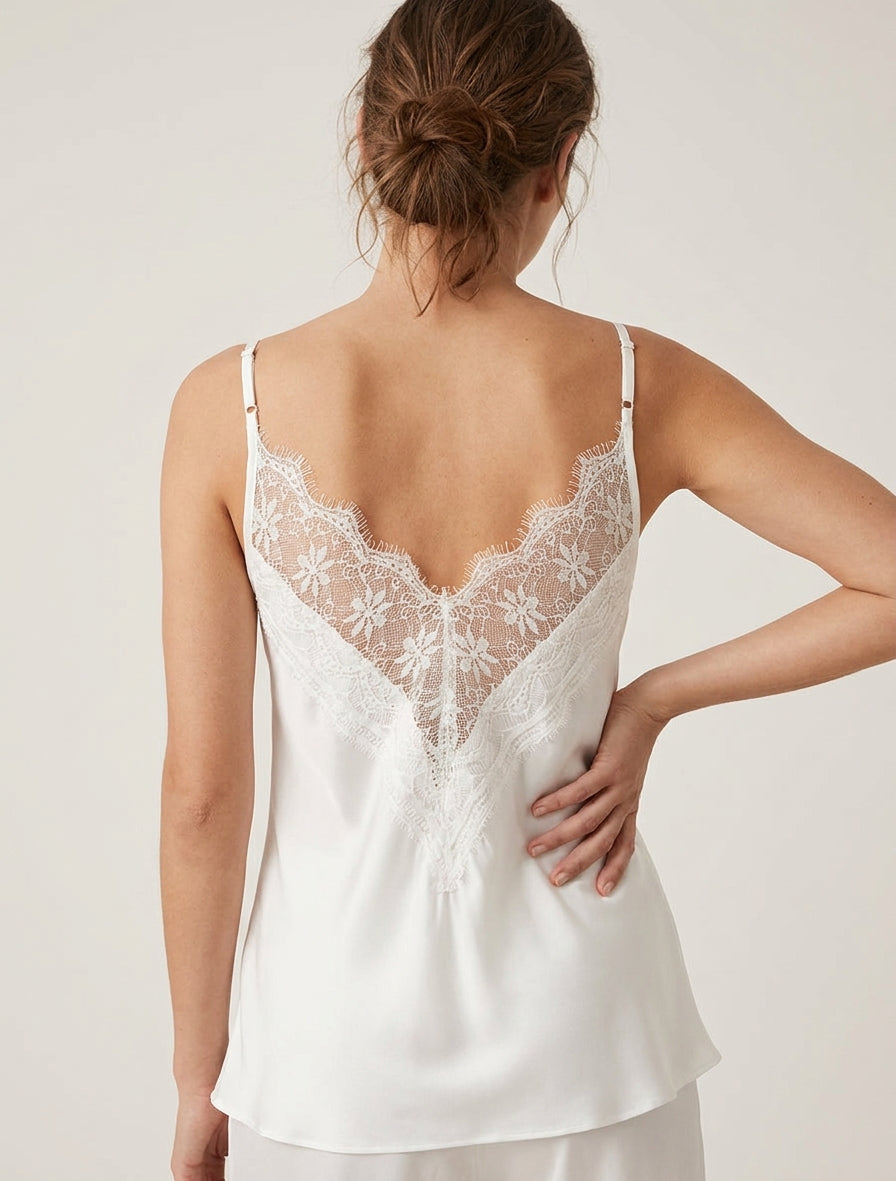 Caraco satiné col V à dentelle - Blanc