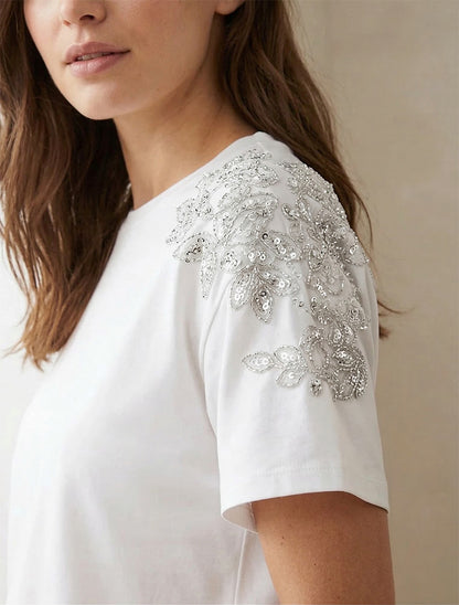 T-shirt à épaules en tulle fleuri - Blanc