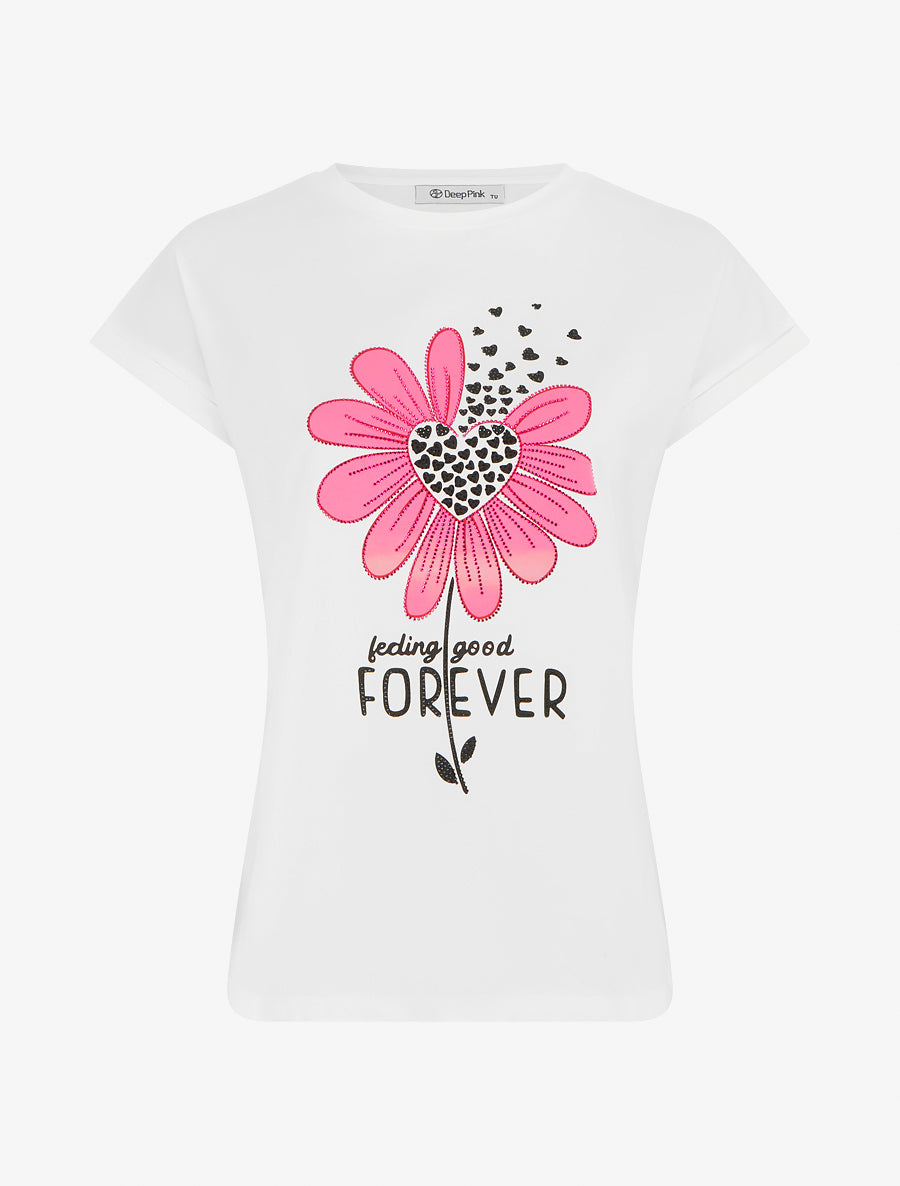 T-shirt à flocage fleur strassé - Blanc