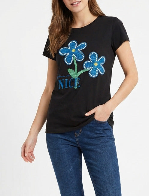 T-shirt flocage fleurs strassées - Noir