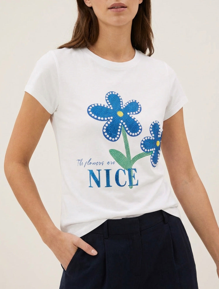 T-shirt flocage fleuri strassé - Blanc
