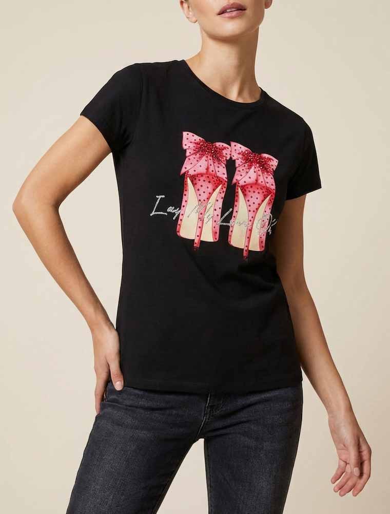 T-shirt motif stiletto strassé - Noir