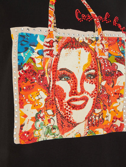 T-shirt à strass et motif sac - Noir - 3