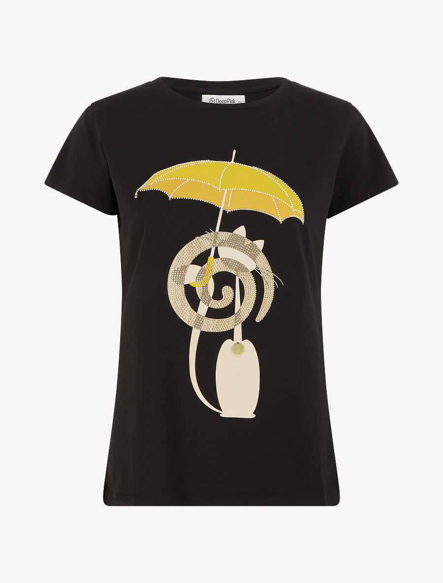 T-shirt à motif chat et parapluie strassé - Noir - 1