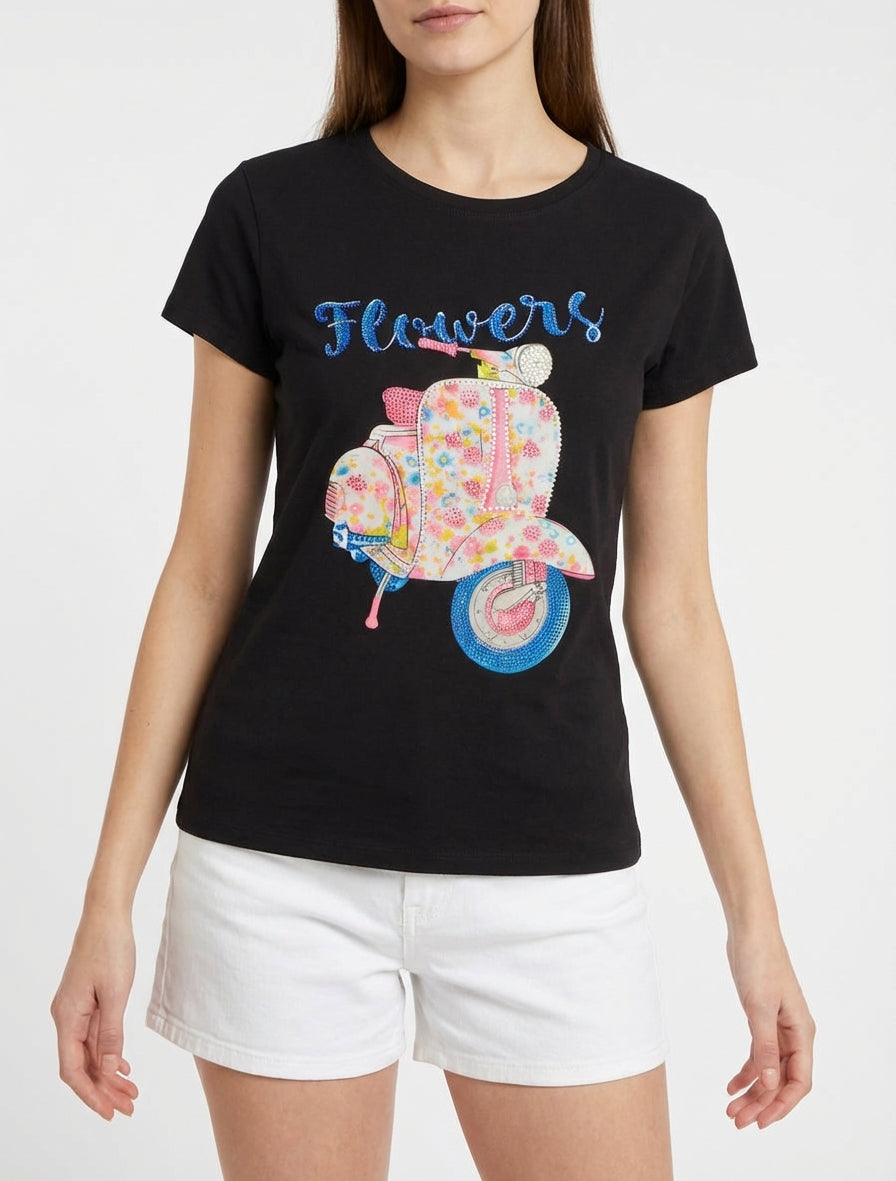 T-shirt encolure ronde orné de strass - Noir