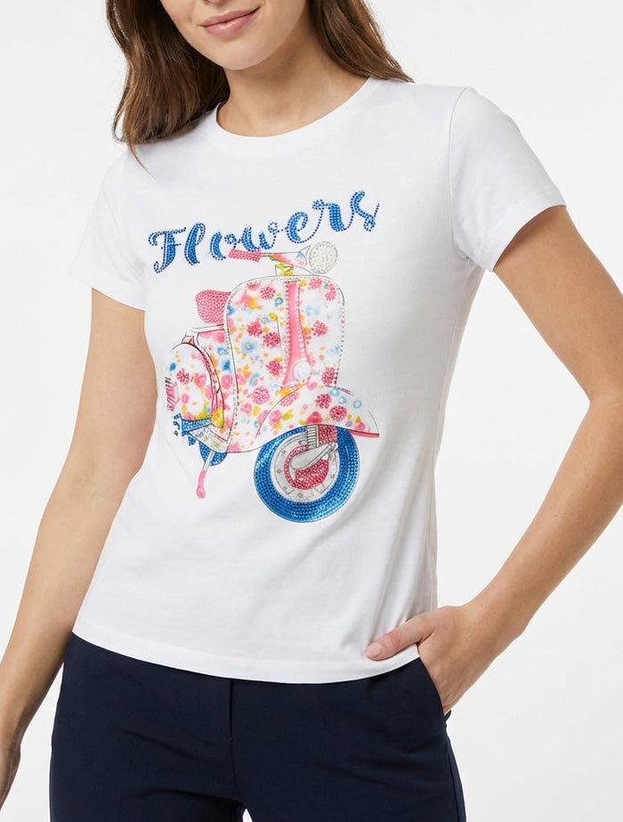 T-shirt à encolure ronde strassé - Blanc