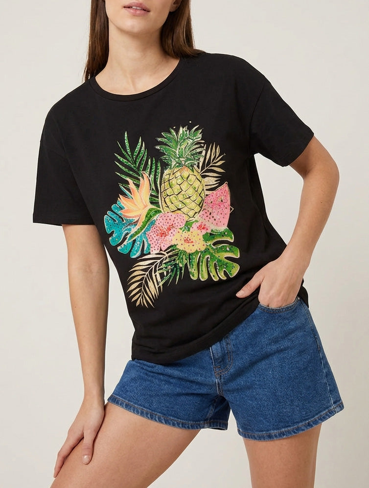 T-shirt imprimé à strass - Noir